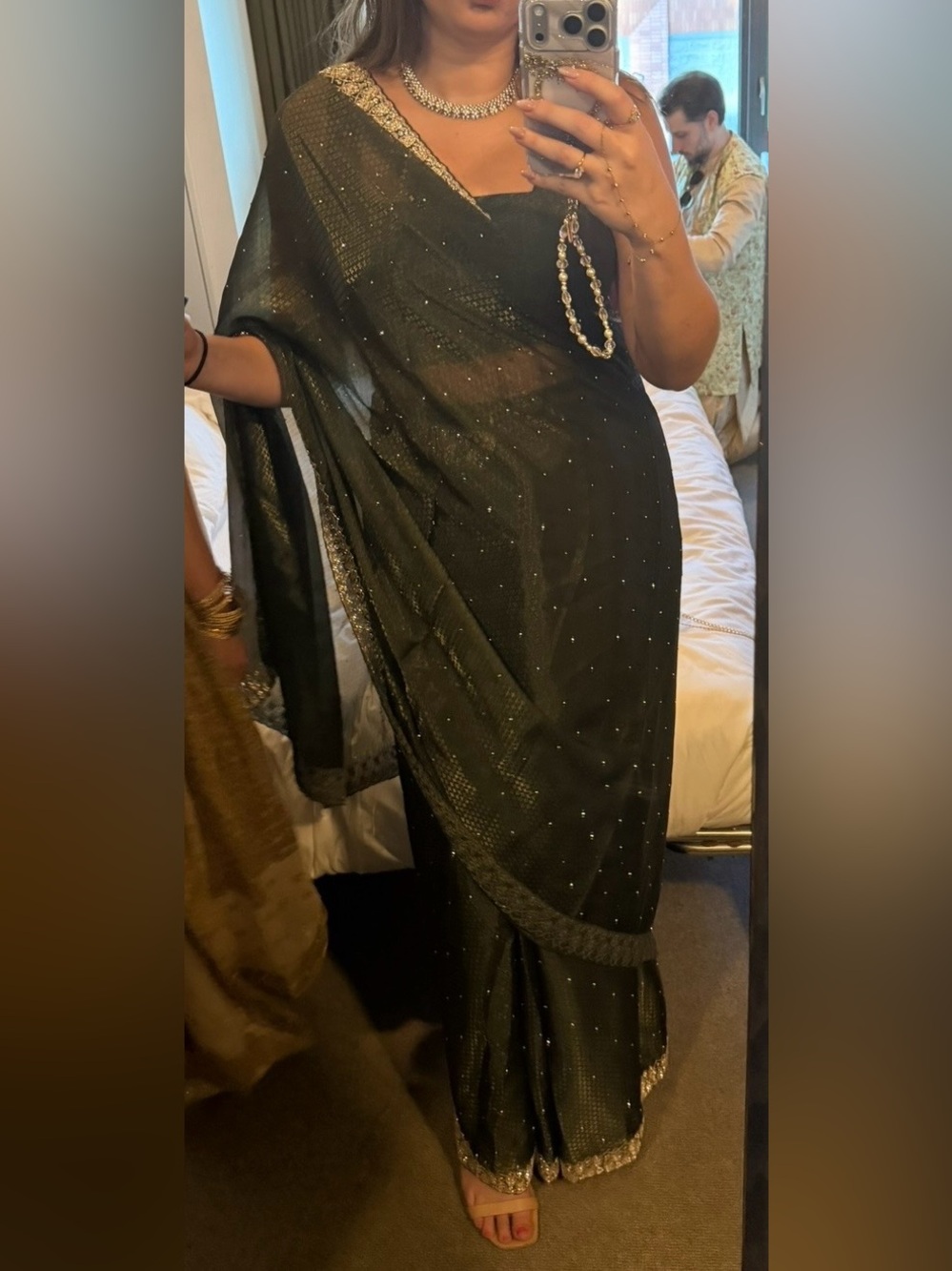 Kalki Forest Green Jacquard Saree In Cutdana Embroidery With Stitched Blouse